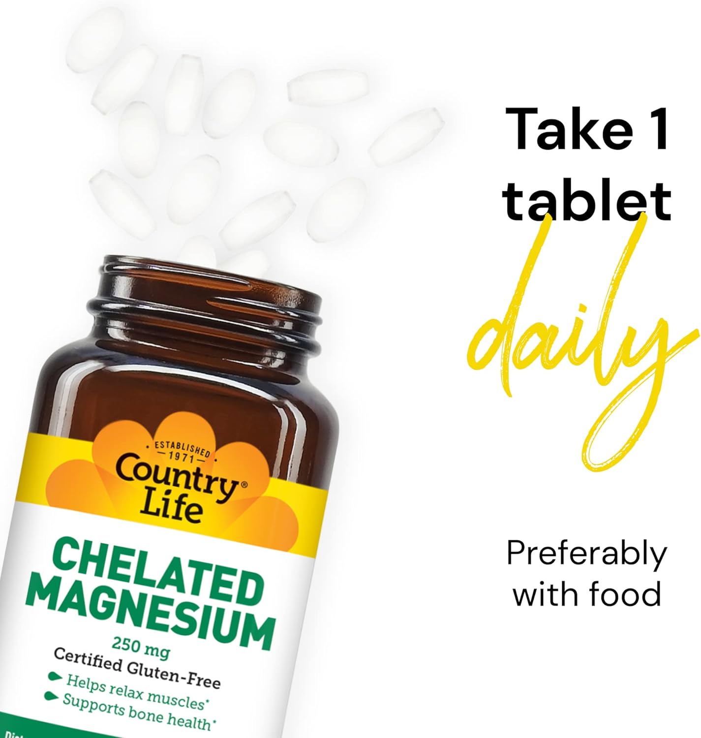 Country Life, Chelated Magnesium 250mg, Supports Bone and Immune Health, Daily Supplement, 90 ct : Health & Household