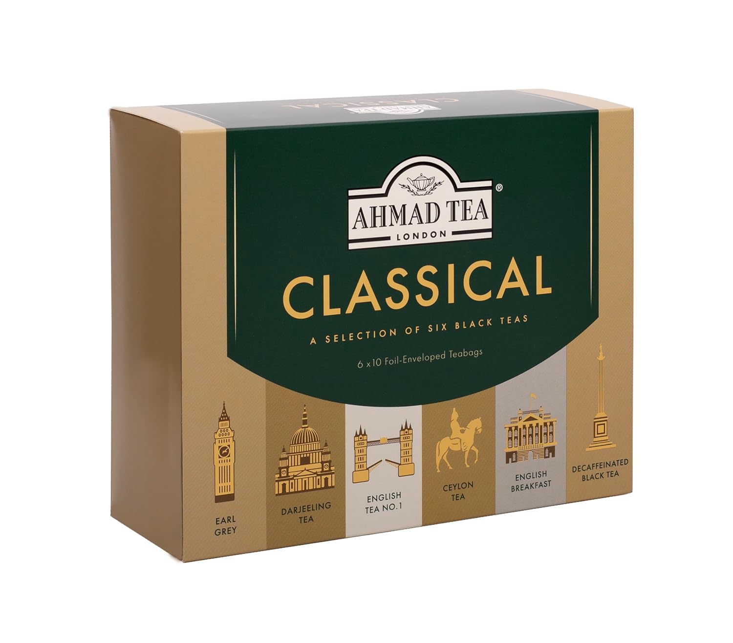 Ahmad Tea Black Tea, Classic Selection Pack Teabags, 60 Foil Teabags - Caffeinated, Decaffeinated, & Sugar-Free