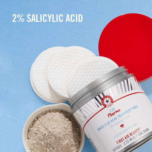 First Aid Beauty - FAB Pharma White Clay Acne Treatment Pads with 2% Salicylic Acid, Daily Compostable Exfoliating Pads for Breakouts, Whiteheads, Blackheads and Acne, Safe for Sensitive Skin, 60 Pads