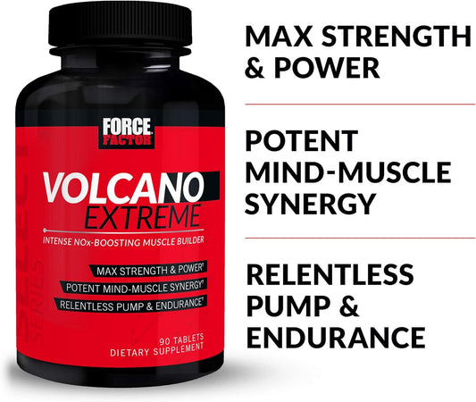 Force Factor Volcano Extreme, Pre Workout Nitric Oxide Booster Supplement for Men with Creatine, L-Citrulline, and Huperzine A for Better Muscle Pumps, 90 Count (Pack of 3)