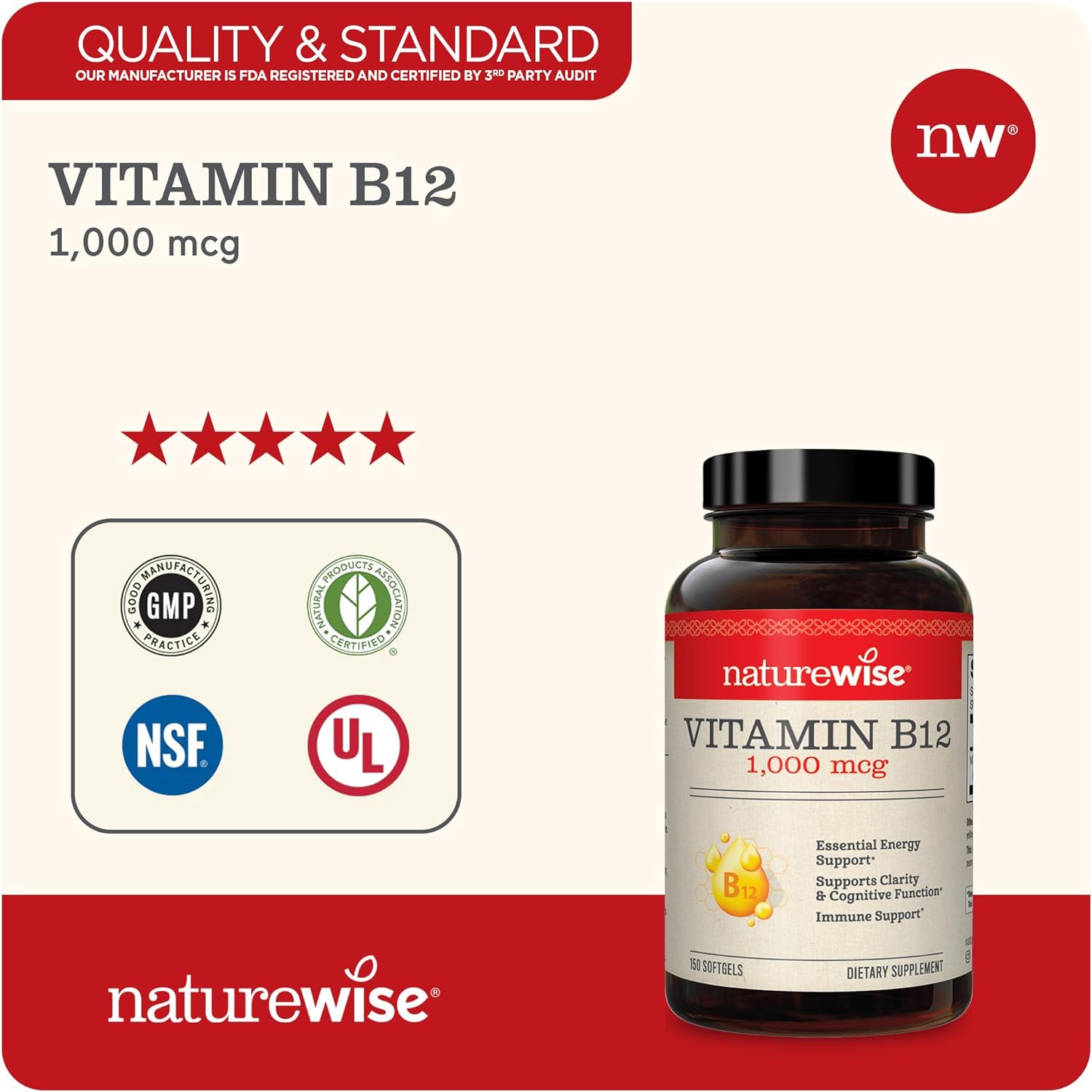 NatureWise Vitamin B12 1,000 mcg for Mental Clarity & Cognitive Function + Energy Support for Maximum Vitality and Wellbeing | B12 (60 softgels)