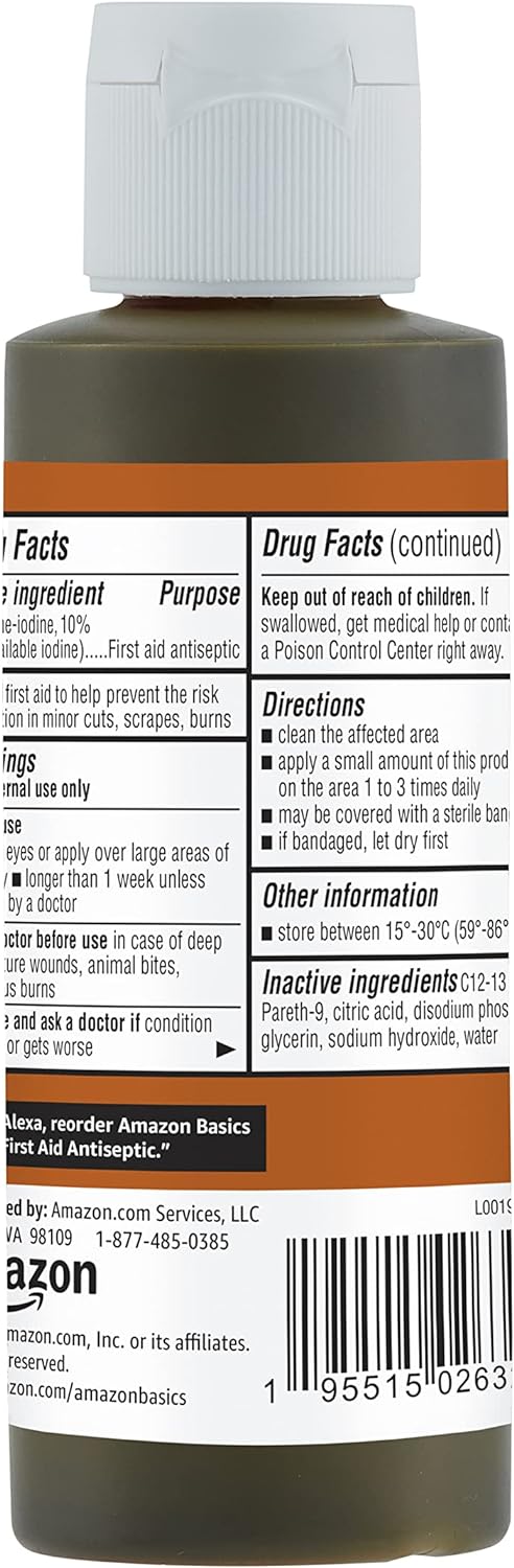 Amazon Basics First Aid Antiseptic, 10% Povidone Iodine Solution , Unflavored, 4 Fluid Ounces, 1-Pack (Previously Solimo)