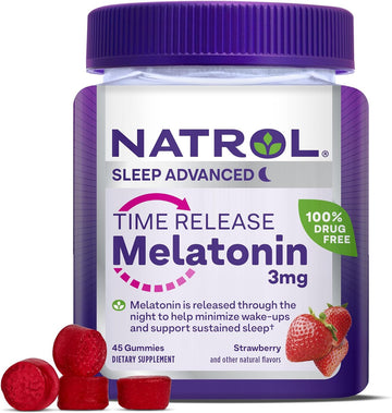 Natrol Time Release Melatonin 3 mg, Dietary Supplement for Restful Sleep, Sleep Gummies for Adults, 45 Strawberry-Flavored Melatonin Gummies, 45 Day Supply