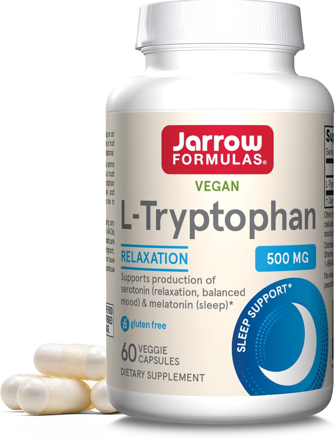 Jarrow Formulas® L-Tryptophan, 500 Mg Dietary Supplement For Stress, Sleep, And Mood Support, 60 Capsules, 60 Day Supply