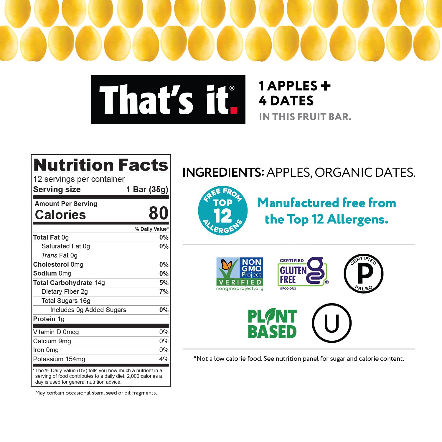 That'S It. Apple + Dates 100% Natural Real Fruit Bar, Best High Fiber Vegan, Gluten Free Healthy Snack, Paleo For Children & Adults, Non Gmo, Sugar-Free, No Preservatives Energy Food (12 Pack)