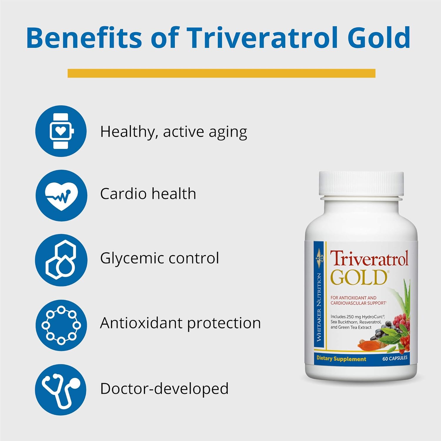 Dr. Whitaker Triveratrol Gold – Healthy Aging Supplement with Resveratrol & Extracts of Aloe Vera, Green Tea, and Turmeric – Provides Antioxidant & Cardiovascular Support (60 Capsules) : Health & Household