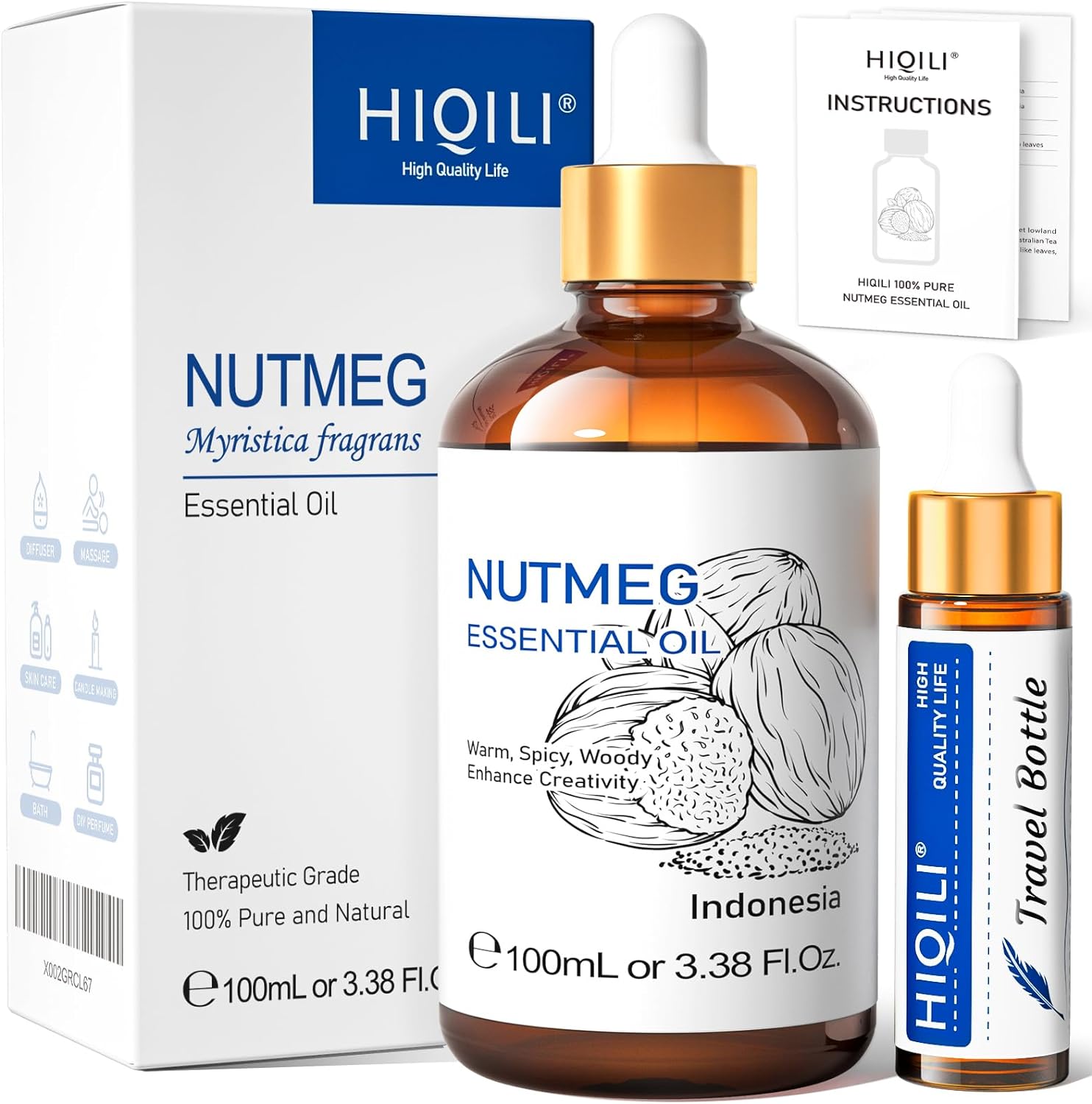 HIQILI Nutmeg Essential Oil 3.38 Fl Oz, Pure Natural Nutmeg Oil for Aromatherapy, Diffuser - 100ml