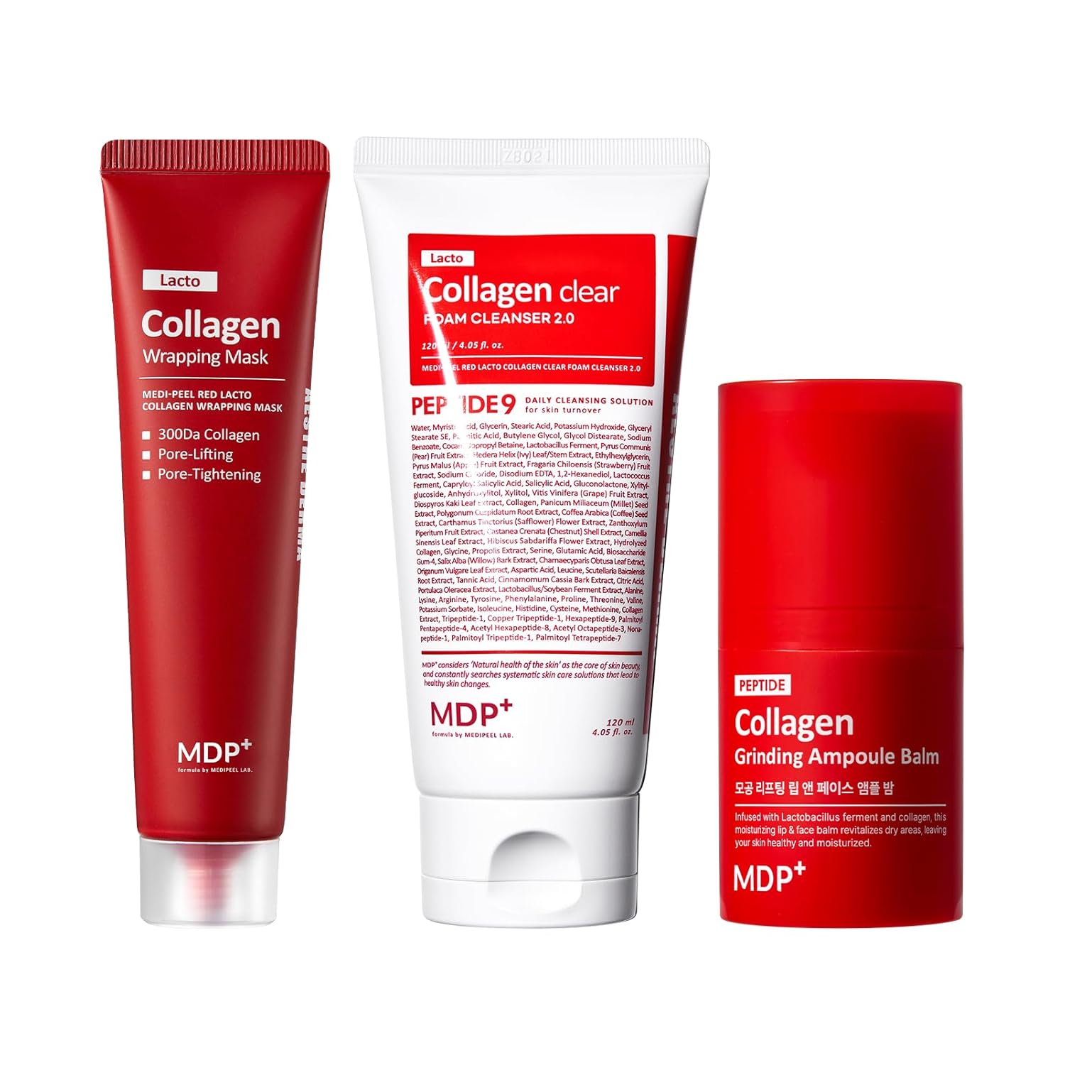 Mdp Red Lacto Collagen Facial Cleanser, Wrapping Mask With Tube And Grinding Multi Balm Bundle