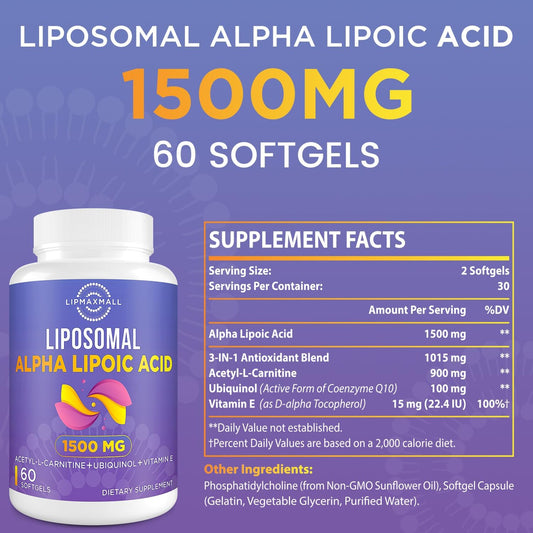 Liposomal Alpha Lipoic Acid 1500Mg - With Acetyl-L-Carnitine 900Mg & Ubiquinol 100Mg & Vitamin E 15Mg?Ala Supplement For Antioxidants Glucose Metabolism Nerve Energy,60 Softgels (2 Bottle)