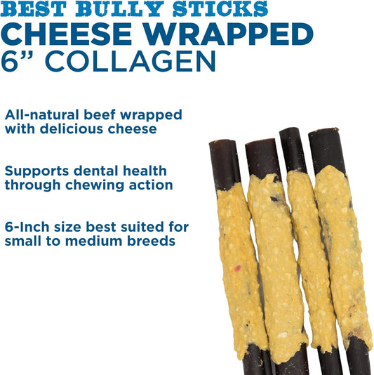 Best Bully Sticks All Natural Cheese Wrapped Beef Collagen Sticks - 6 Inch 12 Pack - Long Lasting Limited Ingredient Dog Chew - Supports Healthy Joints, Skin & Coat