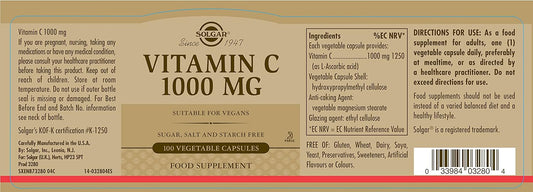 Solgar Vitamin C 1000 Mg, 100 Vegetable Capsules - Antioxidant & Immune Support - Overall Health - Healthy Skin & Joints - Bioflavonoids Supplement - Non-Gmo, Vegan, Gluten Free, Kosher - 100 Servings