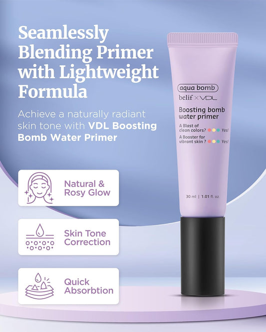 Valentines Day Gifts Vdl Boosting Bomb Water Primer (Natural Finish, 1Fl Oz) - Makeup Base, Natural Radiance Booster. Smooth & Even Skin Tone, Moisturizer. Korean Makeup