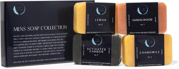 Aura Naturals Mens Soap Bar Pack Of 4 - Sandalwood, Lemon, Activated Carbon & Chamomile Scented Men Soap Bar - 150G Exfoliating Soap For Men, Natural Body Soap Gift Set