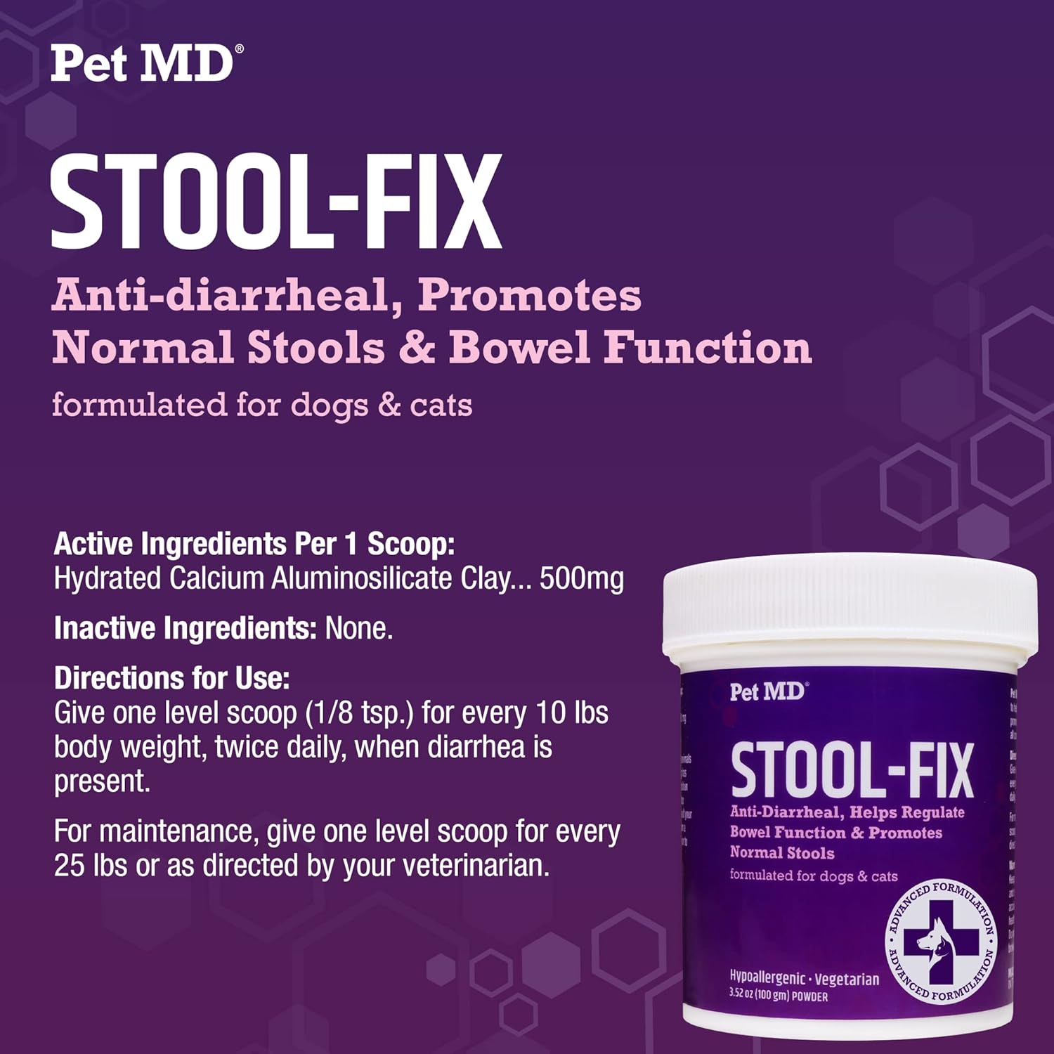 Pet MD Stool-Fix - Powdered Clay Anti Diarrhea for Dogs & Cats - Anti Diarrheal Treatment for Upset Stomach Relief, Promotes Normal Stool - 100g : Pet Supplies