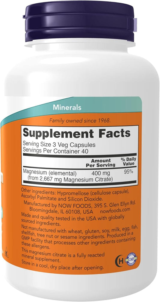 Now Supplements, Magnesium Citrate, Enzyme Function*, Nervous System Support*, 120 Veg Capsules