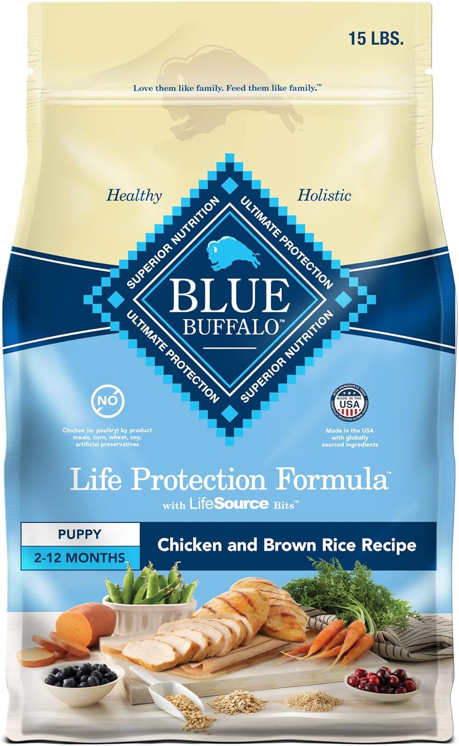 Blue Buffalo Dog Food For Puppies, Life Protection Formula, Natural Chicken & Brown Rice Flavor, Puppy Dry Dog Food, 15 Lb Bag