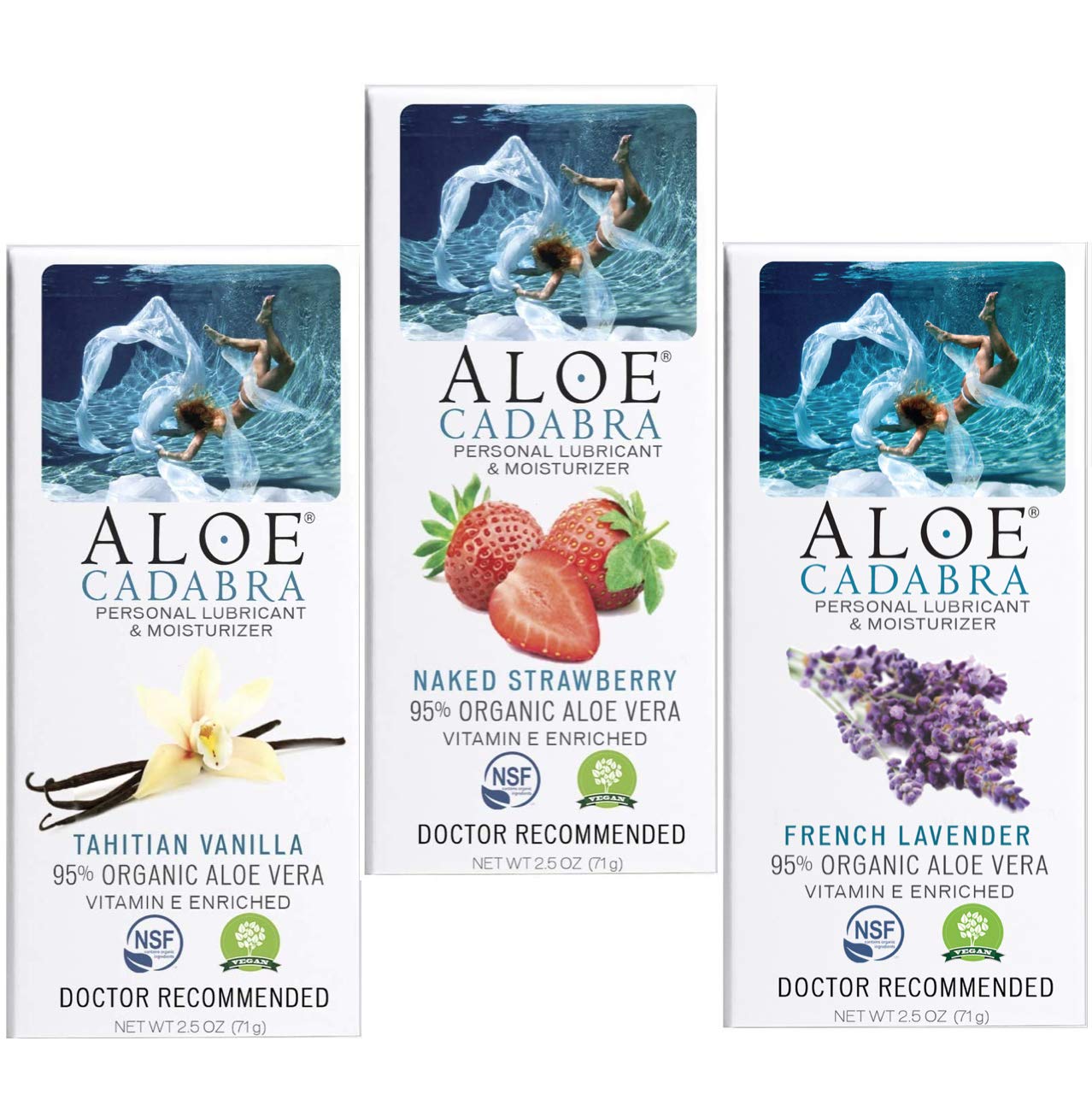 Aloe Cadabra Best Natural Water-Basted Personal Lube Sample Pack: Strawberry flavored, Vanilla flavored, Lavender scented, great for travel, men, women and couples