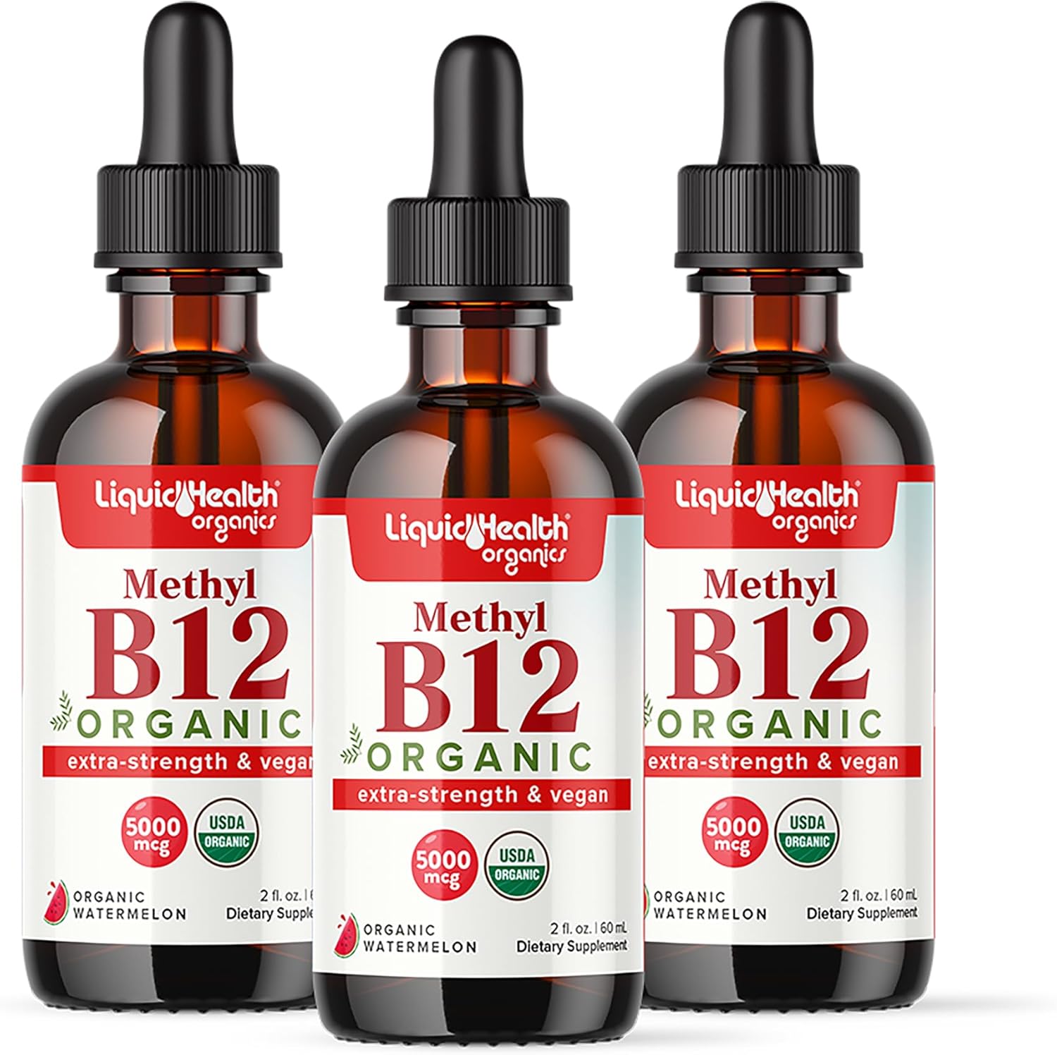 Liquidhealth Methyl Vitamin B12 Organic Liquid Pure Drops, Methylcobalamin Energy Boost, Focus Improve Memory, Natural Metabolism Vegan Safe Sublingual Hydroxocobalamin, 2 Fl Oz - 3 Pack