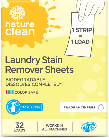 Nature Clean Natural Stain Remover For Clothes Laundry Strips Unscented 32 count, Non-Toxic Advanced Stain Remover Treater Laundry Sheets, Plastic-Free Travel Stain Remover for Fabric Eco-Friendly