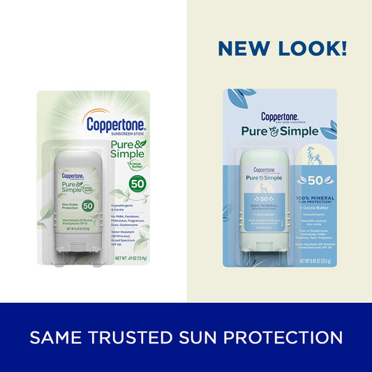 Coppertone Pure And Simple Mineral Sunscreen Stick Spf 50, Water Resistant, Hypoallergenic, Face Sunscreen With Broad Spectrum Uva/Uvb Protection, 0.49 Oz Stick