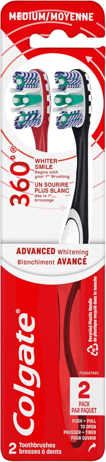 Colgate 360 Optic White Advanced Whitening Toothbrush, Adult Medium Toothbrush With Whitening Cups, Helps Whiten Teeth And Removes Odor Causing Bacteria, 2 Pack