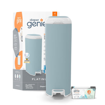 Diaper Genie Platinum Pail (Glacial Blue) Is Made In Durable Stainless Steel And Includes 1 Easy Roll Refill With 18 Bags That Can Last Up To 5 Months