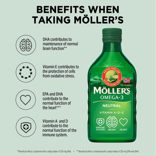 Moller’s ® | Omega 3 Cod Liver Oil | Omega-3 Dietary Supplements with EPA, DHA, Vitamin A, D and E | Superior Taste Award | Pure & Natural cod Liver Oil | 166 Year Old Brand | Neutral | 250 mlMollersLemonPanEU