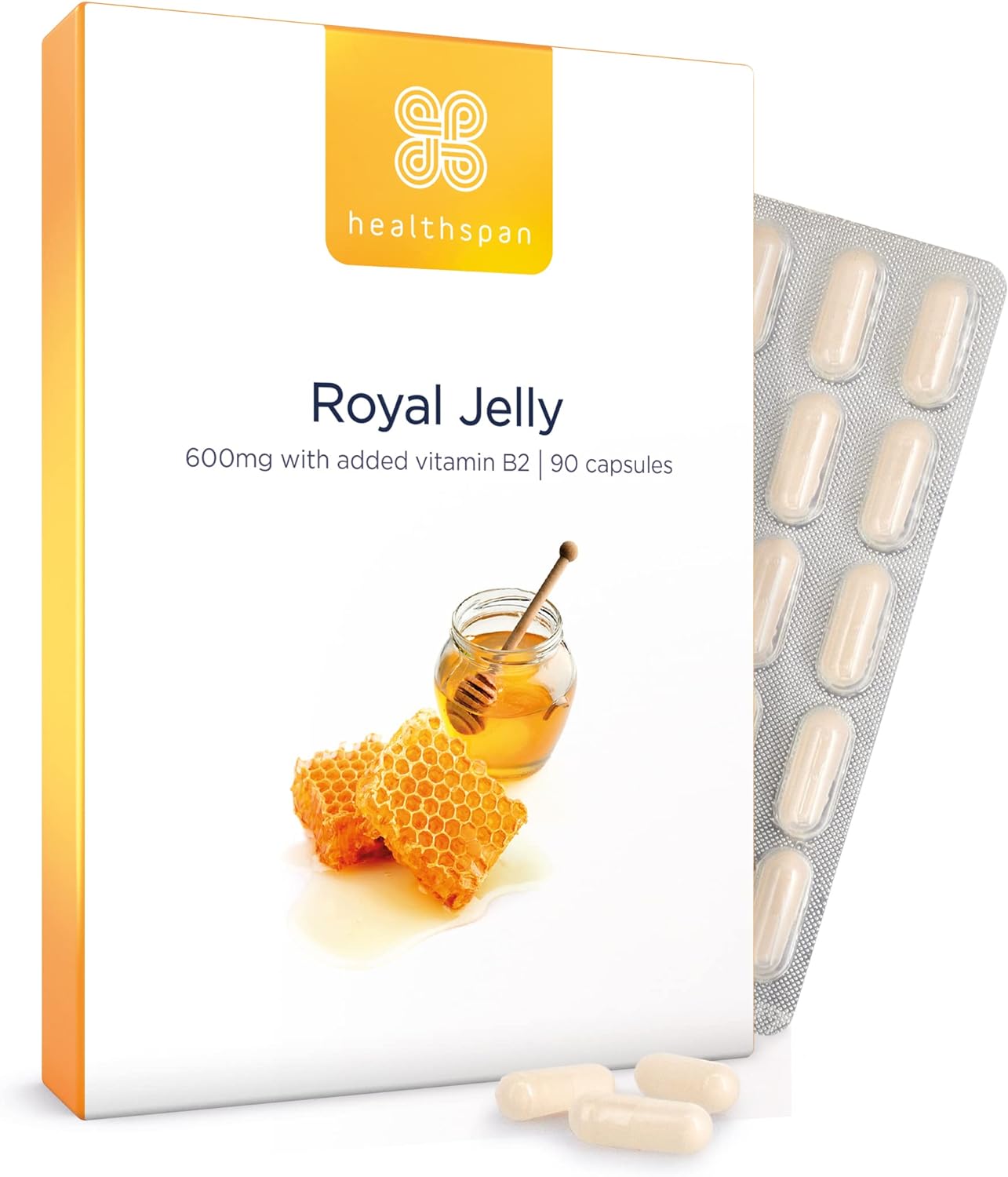 Healthspan Royal Jelly 600mg (90 Capsules) | Reduce Tiredness & Fatigue | Added Vitamin B2 to Support Energy Levels & Protect Against Oxidative Stress | Minimum 6% HDA | Fatty Acids | Vegetarian