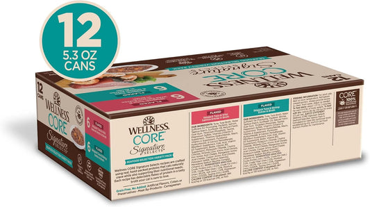 Wellness Core Signature Selects Natural Canned Grain Free Cat Food Variety Pack, Flaked Seafood Selection, 5.3 Ounce Can (Pack Of 12)