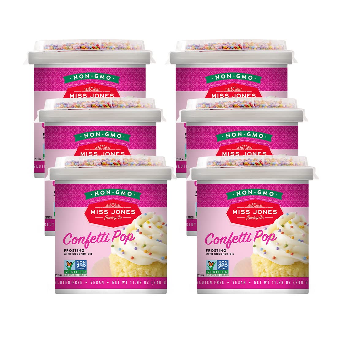 Miss Jones Baking 90% Organic Birthday Buttercream Frosting, Perfect for Icing and Decorating, Vegan-Friendly: Confetti Pop (Pack of 6)