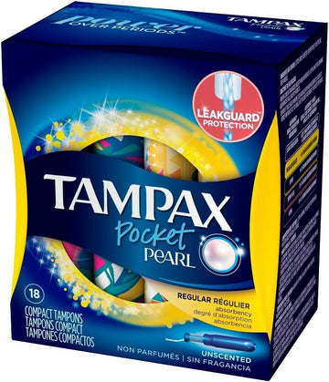 Tampax Pocket Pearl Plastic Tampons, Regular Absorbency, Unscented, 18 Count