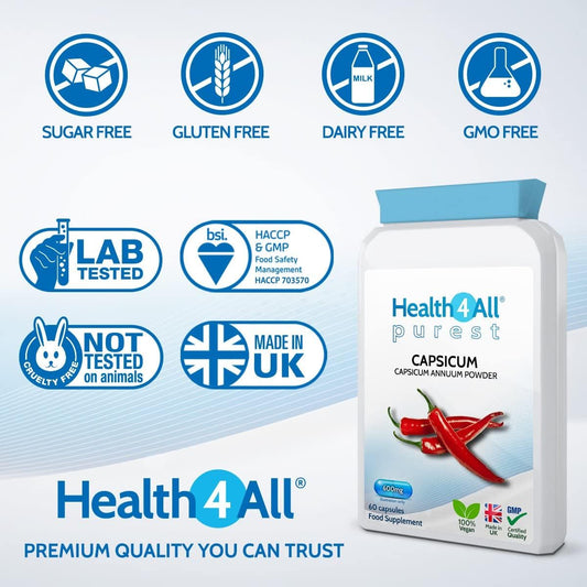 Health4All Capsicum 600Mg Per Capsule, 60 Capsules 2 Months Suppy, Pure High Strength Cayenne Pepper Supplement Contains Capsaicin, Vegan Joint Support Supplement | Made In Uk