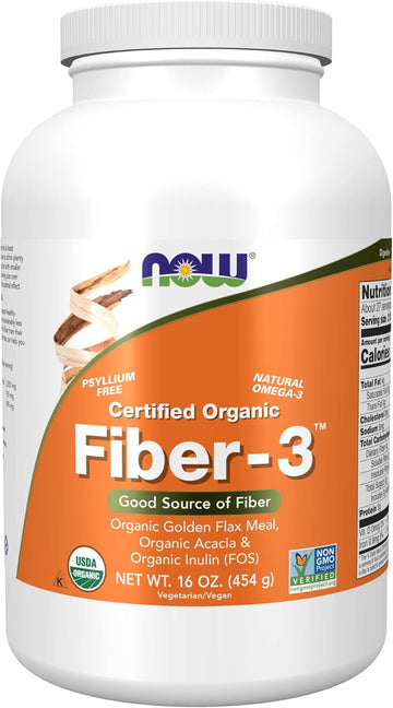 NOW Supplements, Fiber-3, Certified Organic, Non-GMO Project Verified, Psyllium Free, with Organic Golden ax Meal, Acacia & Inulin, 16-