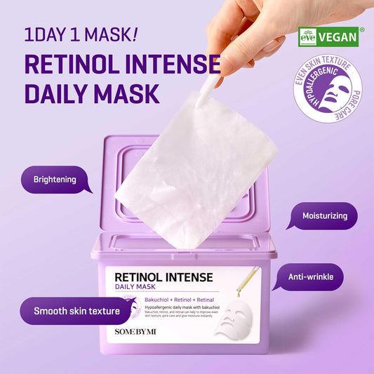 Some By Mi Retinol Intense Daily Mask - 30 Sheets, 11.8Oz - Mild Korean Retinol Vegan Face Sheet Mask For Glass Skin Routine - Skin Texture, Elasticity And Aging Sign Care - Korean Skin Care