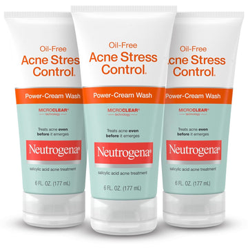 Neutrogena Oil-Free Acne Stress Control Power-Cream Face Wash With 2% Salicylic Acid Acne Treatment Medication, Soothing Daily Acne Facial Cleanser For Acne-Prone Skin Care, 6 Fl. Oz