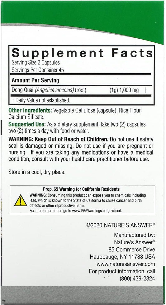 Nature's Answer Dong Quai Root 1000mg | Dietary Supplement | Supports Female Hormone Balance | Non-GMO, Vegan, Kosher Certified & Gluten-Free | Vegetarian Capsules 90ct