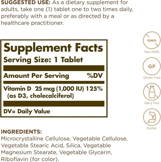 Solgar Vitamin D3 (Cholecalciferol) 25 mcg (1000 IU), 90 Tablets - Helps Maintain Healthy Bones & Teeth - Immune System Support - Non-GMO, Gluten Free, Dairy Free, Kosher - 90 Servings