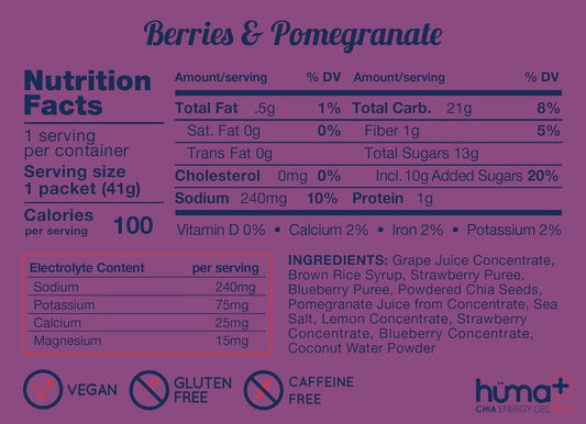 Huma Plus (Double Electrolytes) - Chia Energy Gel, Berries & Pomegranate, 12 Gels - Stomach Friendly, Real Food Energy Gels