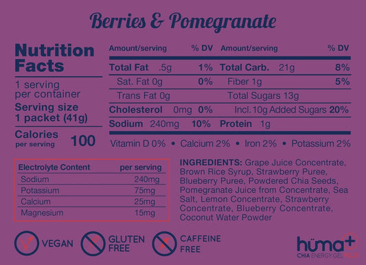 Huma Plus (Double Electrolytes) - Chia Energy Gel, Blackberry Banana, 24 Gels - Stomach Friendly, Real Food Energy Gels
