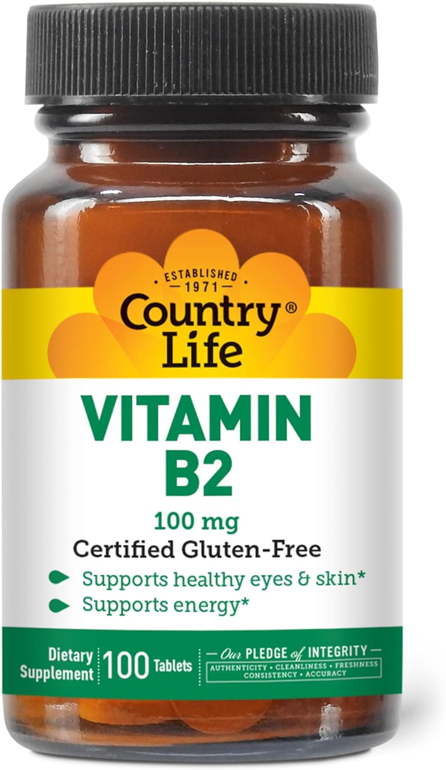 Country Life Vitamin B-2, Supports Health Eyes & Skin And Energy, 100Mg, 100 Tablets, Certified Gluten Free, Certified Vegan, Certified Halal