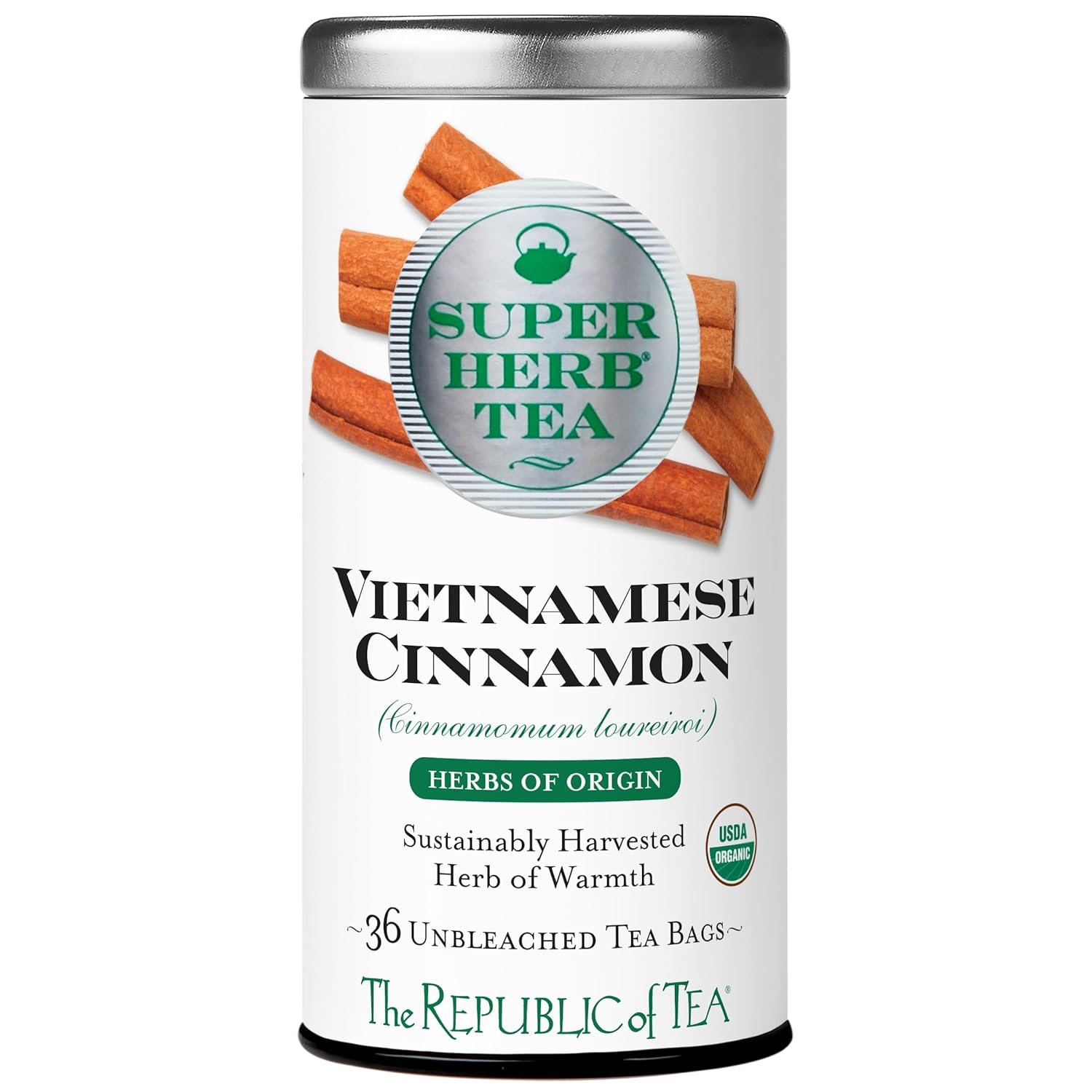 The Republic Of Tea — Organic Vietnamese Cinnamon Superherb Tea Tin, 36 Herbal Tea Bags, Naturally Caffeine-Free Herbs Of Origin