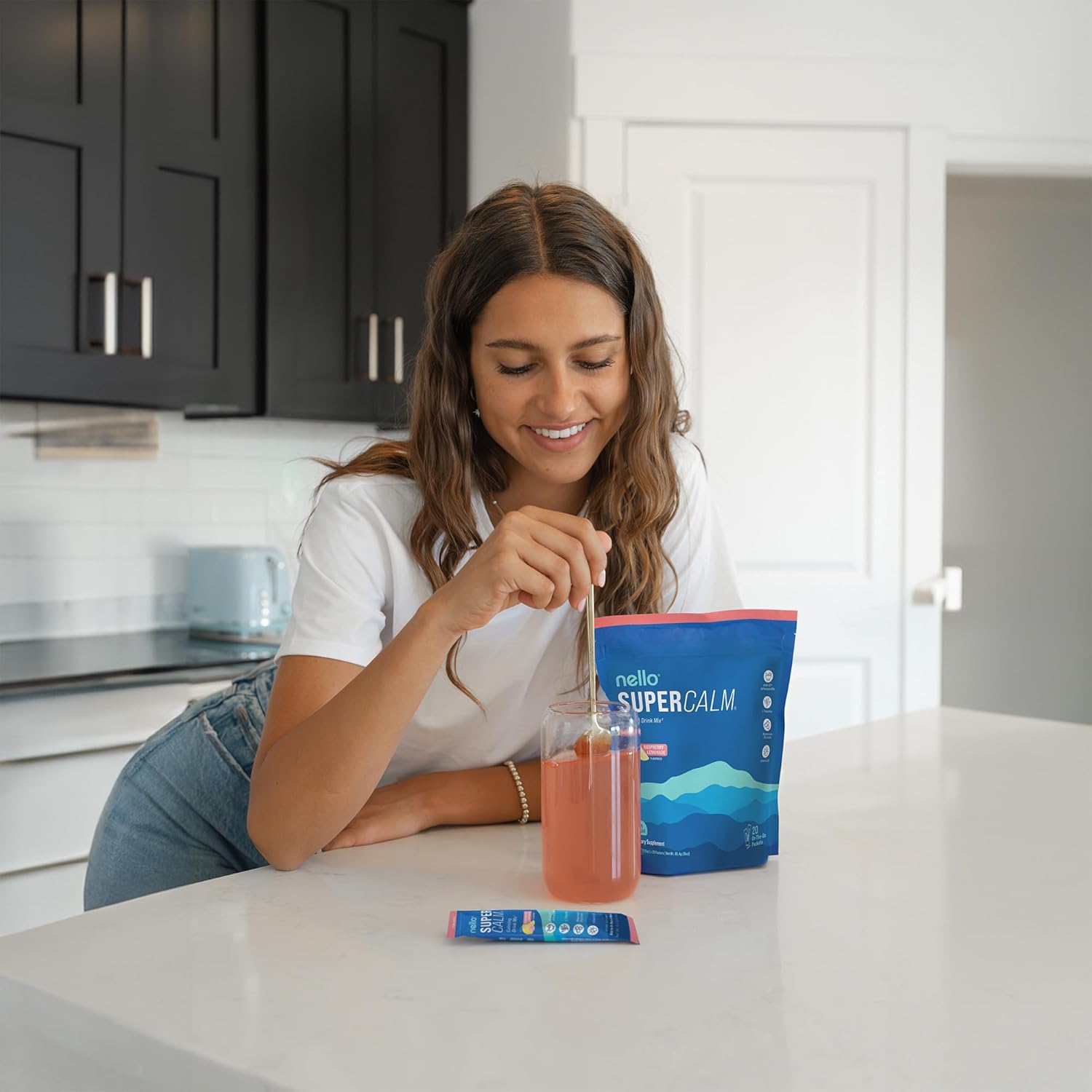 Nello Supercalm Powdered Drink Mix, Raspberry Lemonade, L Theanine, Ksm-66 Ashwagandha, Magnesium Glycinate, Vitamin D 3, Supplements For Relaxation & Focus, No Sugar, Non Gmo, On The Go, 20 Ct : Health & Household