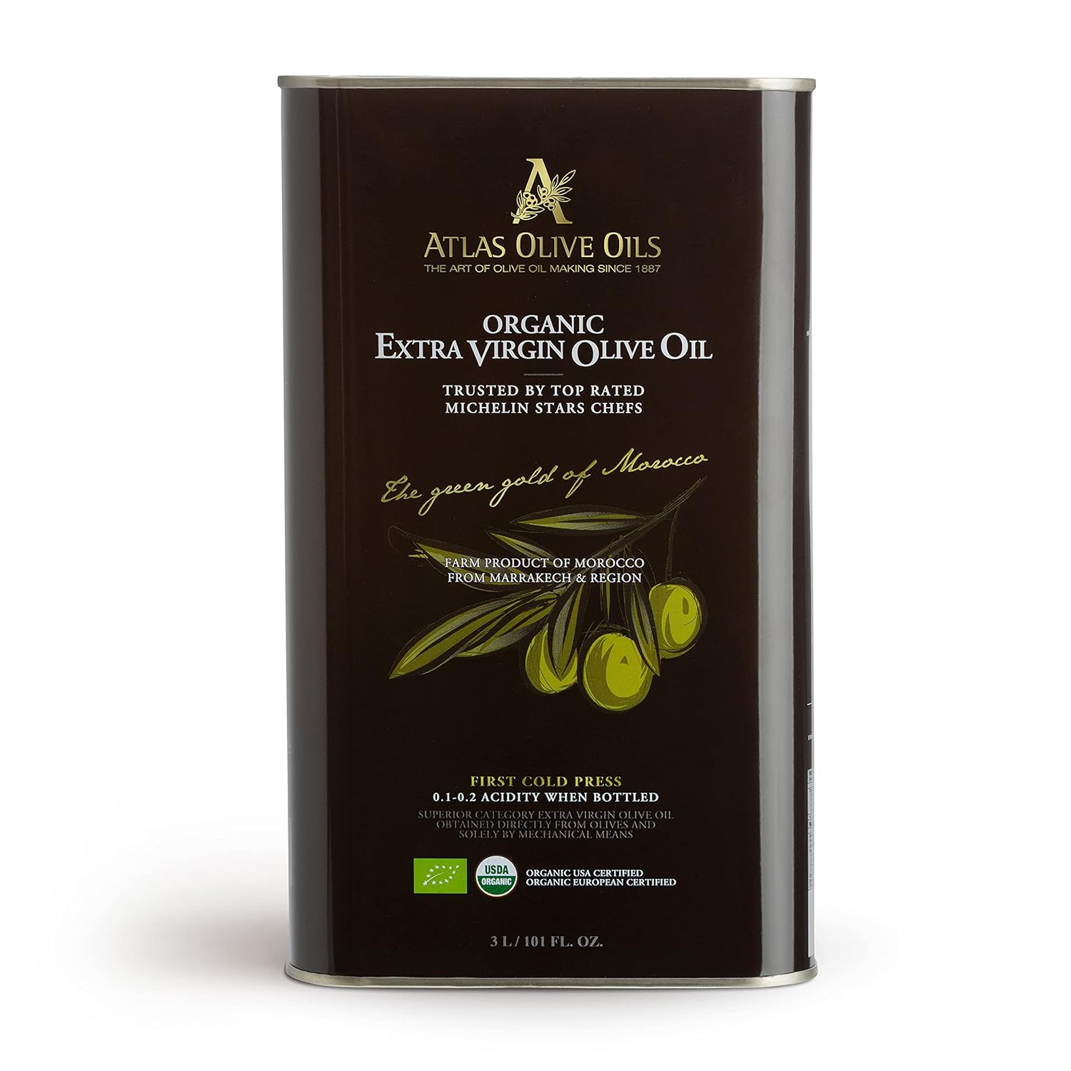 Atlas 3 Lt Organic Cold Press Extra Virgin Olive Oil With Polyphenol Rich From Morocco|Newly Harvested Unprocessed From One Single Family Farm | Moroccan Evoo Trusted By Michelin Star Chefs