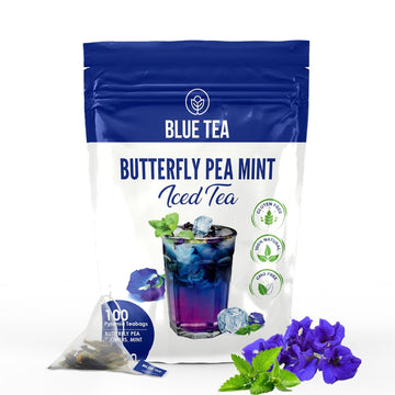 Blue Tea - Butterfly Pea Flower Mint Iced Tea - 36 Tea Bags | Refreshing Blend | Anti-Oxidant - Flower Based - Herbal Tea - Caffeine-Free - Natural Ingredients - Non-Gmo - Vegan | Ziplock Packaging