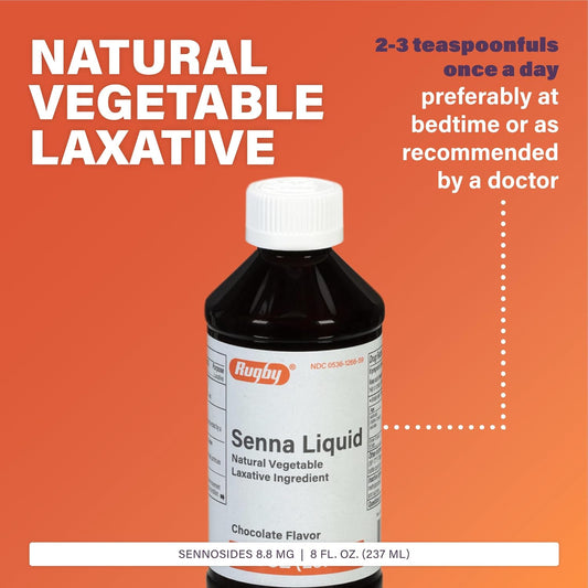 Rugby 8.8 Mg Senna Liquid - Made With Natural Vegetable Laxative Sennosides - Promotes Occasional Constipation Relief - Chocolate Flavored - 8 Fl. Oz