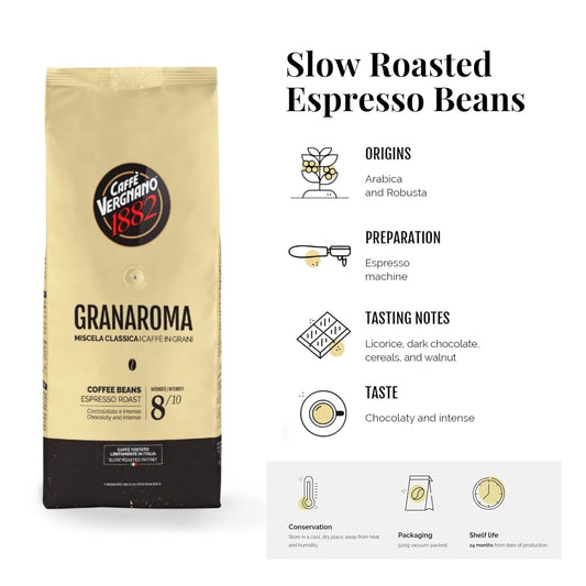 Caffe Vergnano 1882 Gran Aroma Whole Bean Arabica Medium Espresso Roast Coffee, 1.1Lbs Bag - Italian Coffee Beans With Rich Notes Of Cocoa, Spices & Dried Fruit, Intensity 8/10-500G Bag