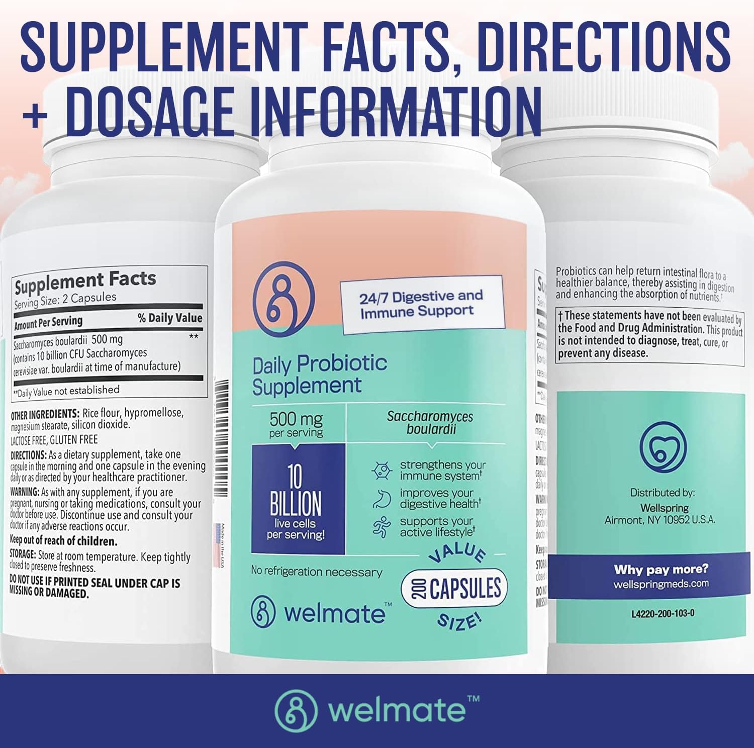 WELMATE Saccharomyces Boulardii | Daily Probiotic Supplement | 10 Billion CFU | Immune Support | Digestive Health | Vegan | Organic | Gluten Free | Non GMO | Men & Women | 200 Veggie Capsules : Health & Household