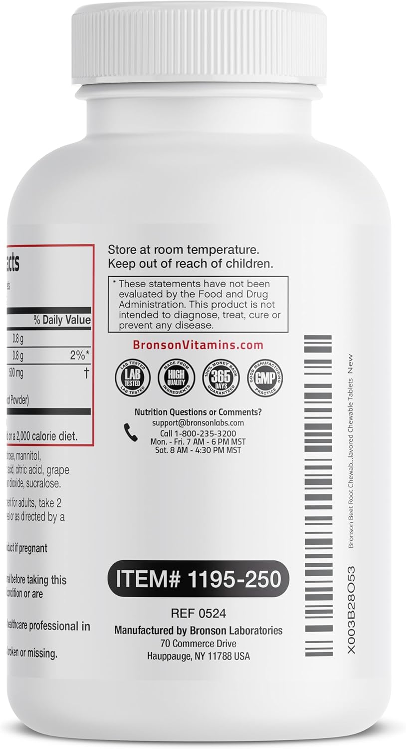 Bronson Beet Root Chewables 2000 MG, Grape Flavored - Extra Strength 2000 MG Per Serving Circulation Support Heart Health & Stamina, Non-GMO, 250 Vegetarian Grape Flavored Chewable Tablets : Health & Household