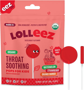 Lolleez Organic Lollipops For Kids Sore Throat Relief, Watermelon Perfect For Soothing A Sore Throat While Tasting Great, Watermelon Flavor, 28 Count