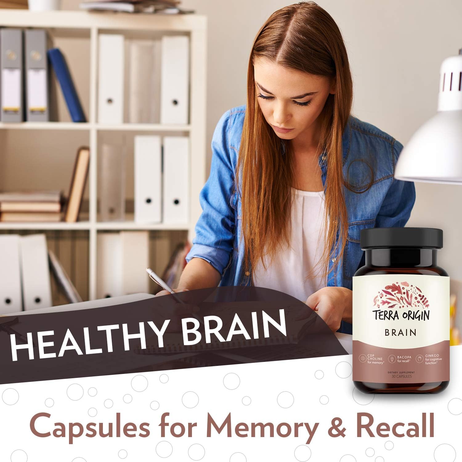 Terra Origin, Healthy Brain Supplement, Capsules, 30 Servings, with CDP Choline, Ginkgo Biloba Extract, and Bacopa - for Healthy Mind, Improves Memory, Recall and Function : Health & Household